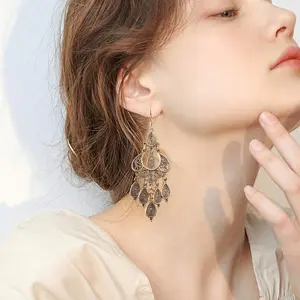 Bohemian Vintage Bronze Chandelier Earrings for Women, Geometric Teardrop Flower Dangle Earrings, Tribal Inspired Statement Jewelry