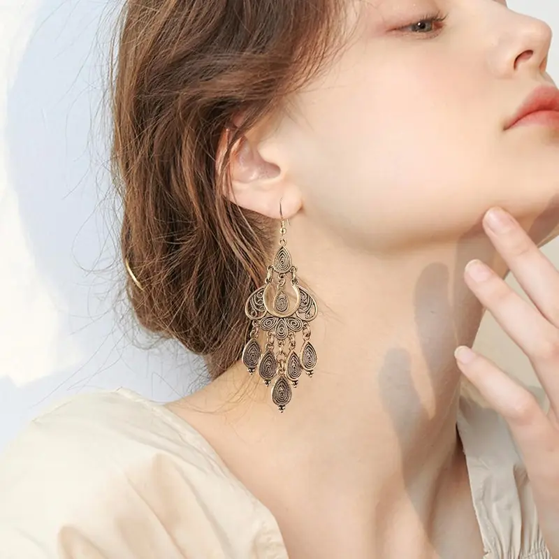 Women's Bohemian Vintage Bronze Alloy Drop Earrings - Geometric Teardrop Flower Dangle, Tribal Inspired Statement Costume Jewelry for Celebrations, Thoughtful Accessory for Female