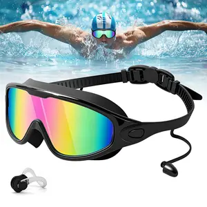Caurfa Anti-fog Swimming Goggles, Anti-UV Swimming Goggles with Ear Plugs, Easy to Wear, Wide View, Anti-Fog, UV Protection, Comfortable Fit, Suitable for Men Women