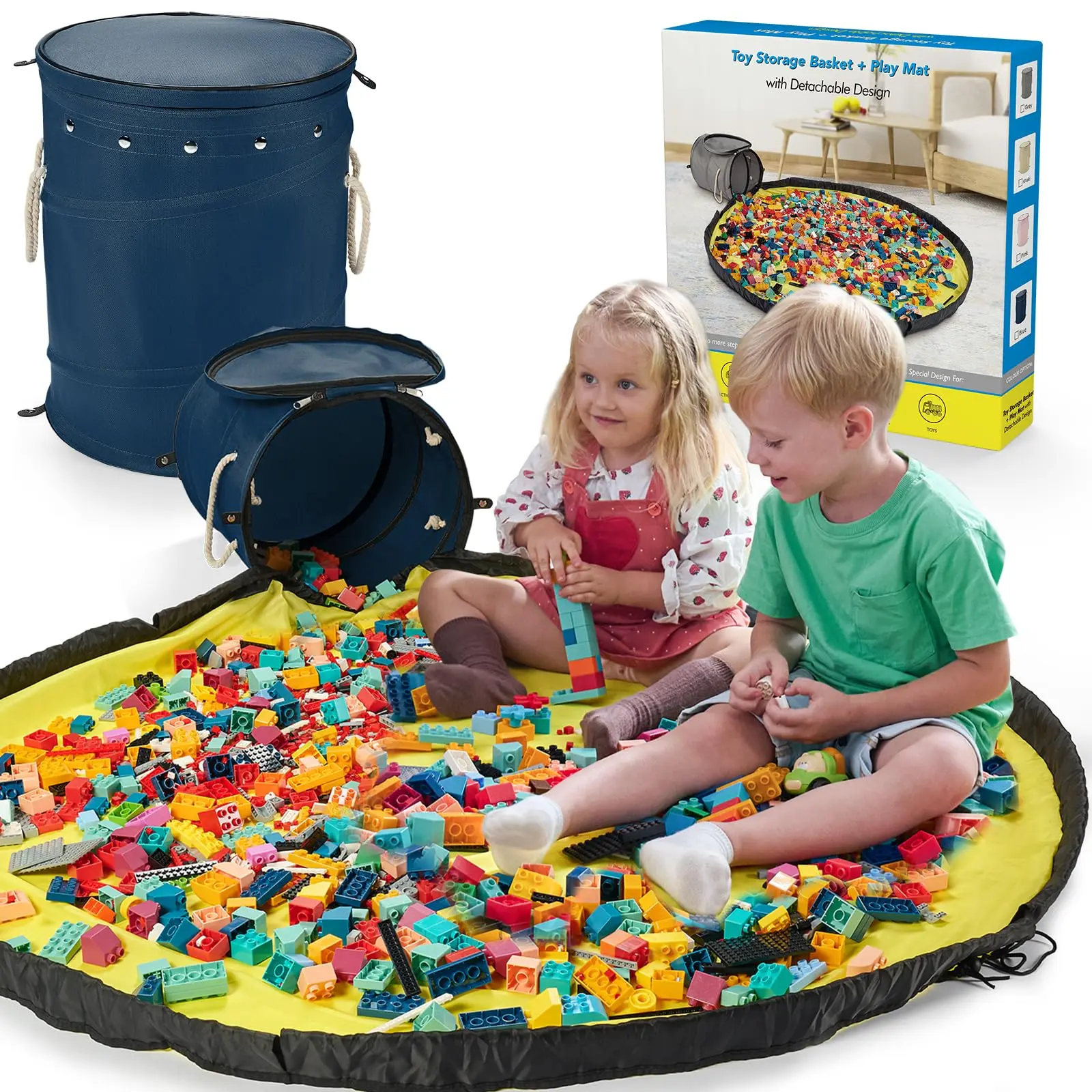 Toy Storage Basket with Slide and Large Play Mat for Boys and Girls Building Blocks Organizer, Foldable Fabric Storage Container Basket Bin Kids Toy Box with Rug for Boy Playroom Organization