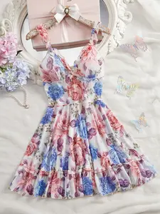 Women's Elegant Floral Print Nightdress, V Neck Ruffle Design Soft Comfortable Strap Sleepwear, All Seasons Fitted Style