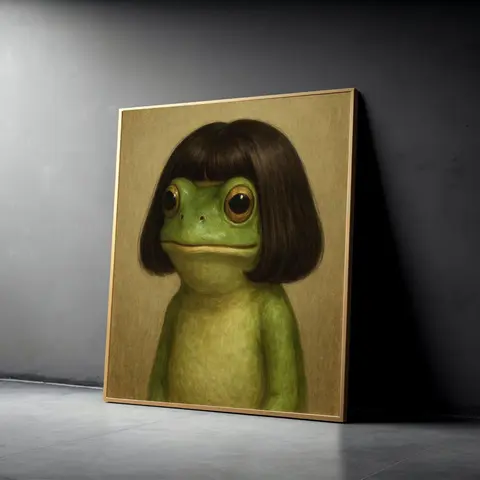 Whimsical Artistic Bob Hairstyle Frog Portrait Canvas Print - Animal-Themed Wall Art Panel, Charming Surreal Eclectic Decor, Funny Room Accessories, Unique Home Accent, Design Inspiration Gift for All Ages