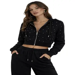 Forever 21 Frontzip Women's Fitted Cropped Embellished Embroidery Hoodie - Streetwear Sweatshirt with Ribbed Kangaroo Pocket, 1/2-Sleeve, Casual Summer Everyday Basic Top, Frontzip Women's Hoodies