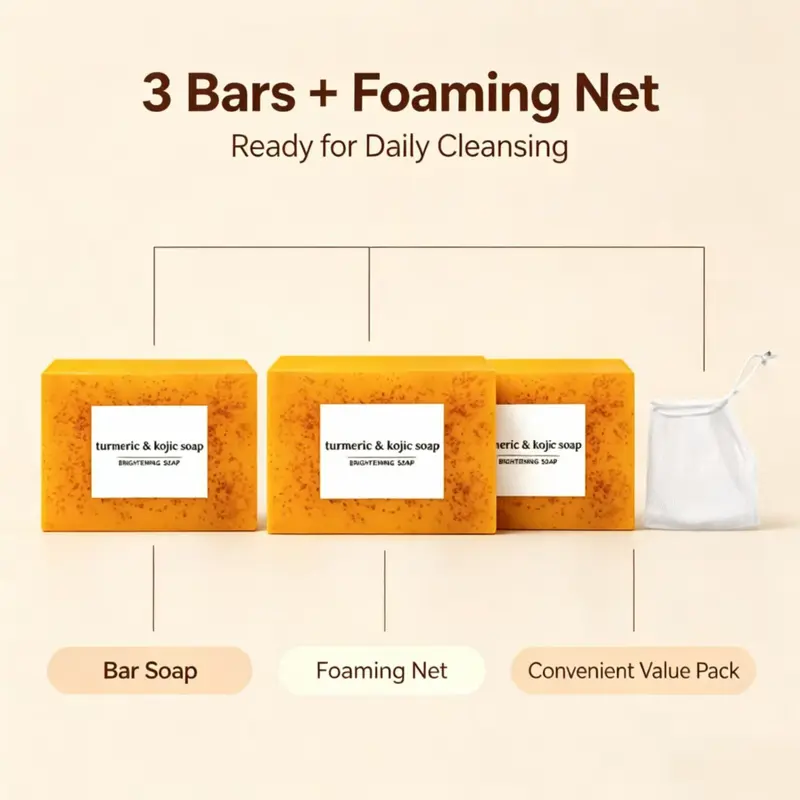 3PCS 100g Honey Lemon Turmeric Kojic Acid Coconut Tea Tree Bar Soap - Gentle Soothing Cosmetic Cleanser for Dull Sensitive Skin, Body Care with Shea Butter, Goat Milk Hydrating Brightening Cleansing Daily Use