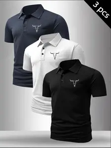 Men's 3-Pack Bull Skull Graphic Print Fitted Textured Polo Shirts, Casual Breathable Summer Collared Tees, Comfortable Daily Tops Menswear, Sporty Polo Top #3PackPoloShirts #BullSkullPrint #TexturedPolo #MensCasualTops #TikTokMadeMeBuyIt
