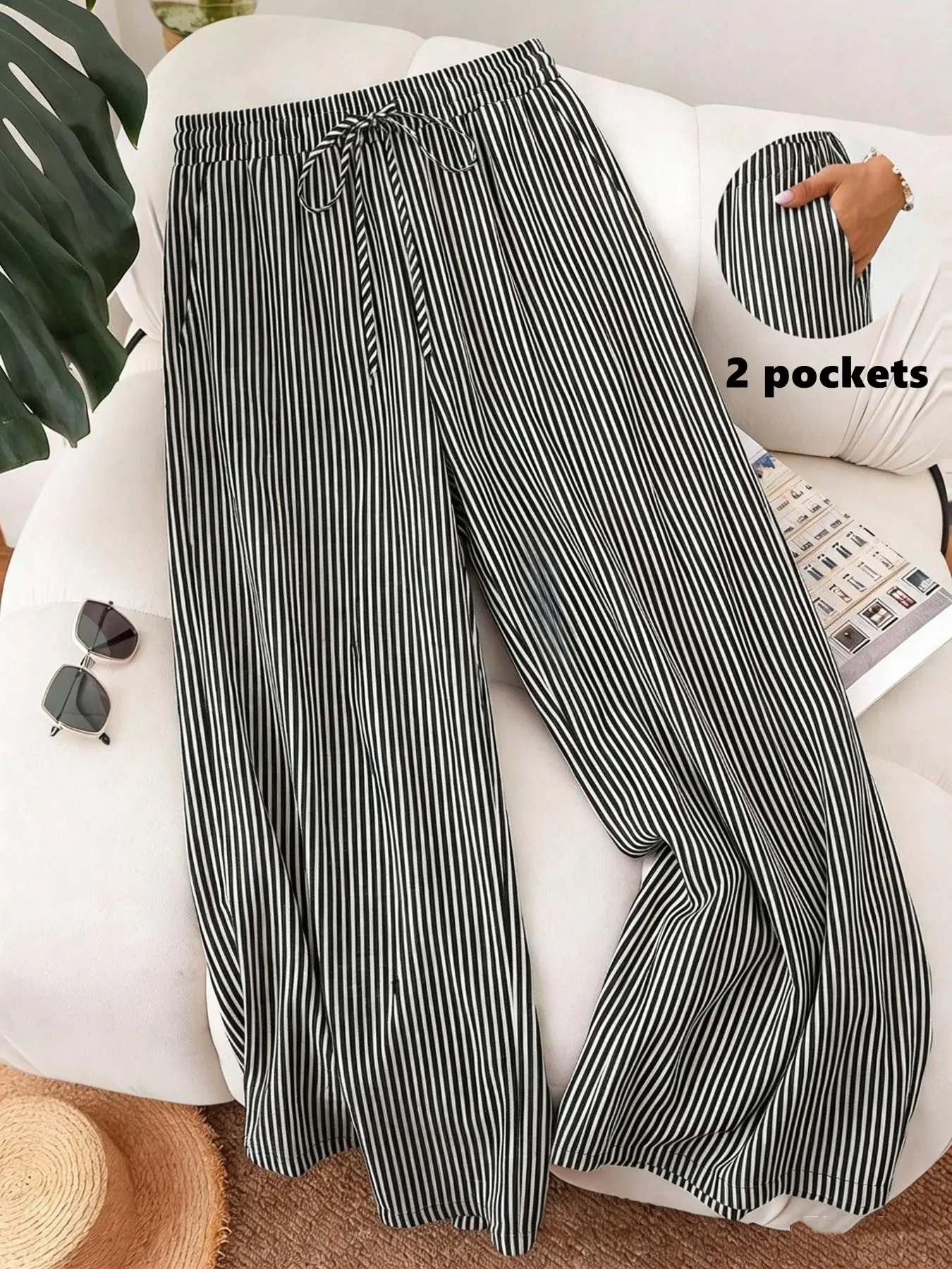 Plus Striped Wide-Leg Pants Plus Size Casual Drawstring Waist Loose Fit Trousers, Daily Casual Wear, Comfortable Streetwear Bottoms, Functional Pockets Bottoms, Casual Summer Bottoms