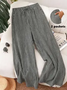 Plus Striped Wide-Leg Pants Plus Size Casual Drawstring Waist Loose Fit Trousers, Daily Casual Wear, Comfortable Flowy Fit Streetwear Bottoms, Party Casual Pants, Casual Commuter Pants, Functional Pockets Bottoms