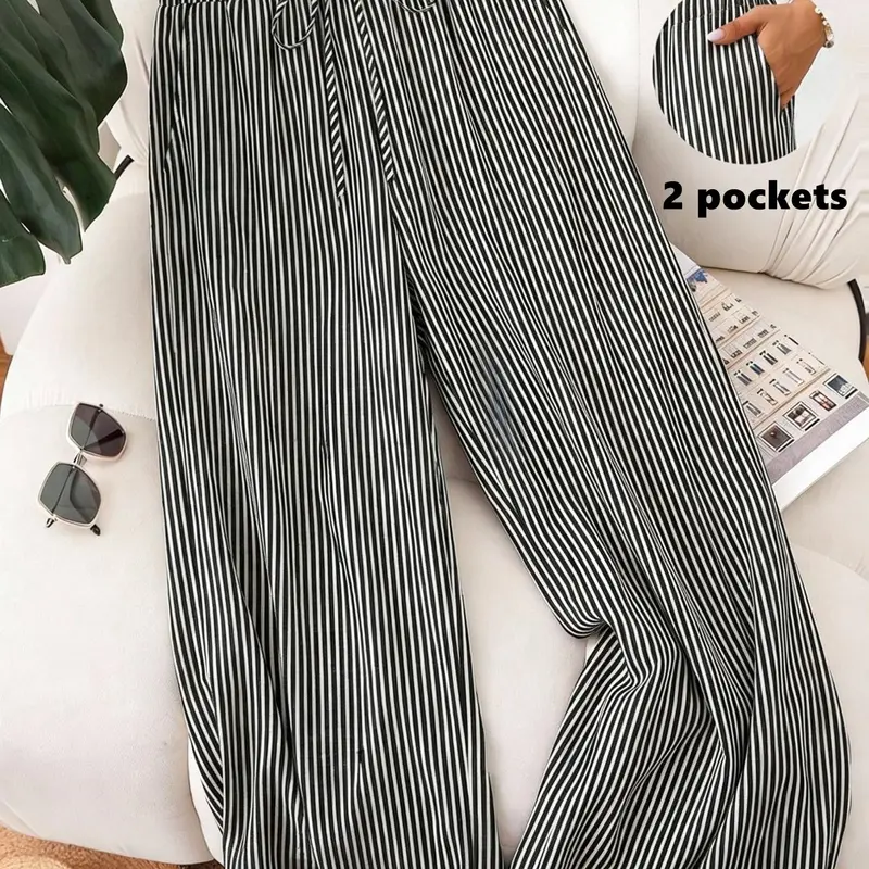 Plus Striped Wide-Leg Pants Plus Size Casual Drawstring Waist Loose Fit Trousers, Daily Casual Wear, Comfortable Streetwear Bottoms, Functional Pockets Bottoms, Casual Comfy Trousers