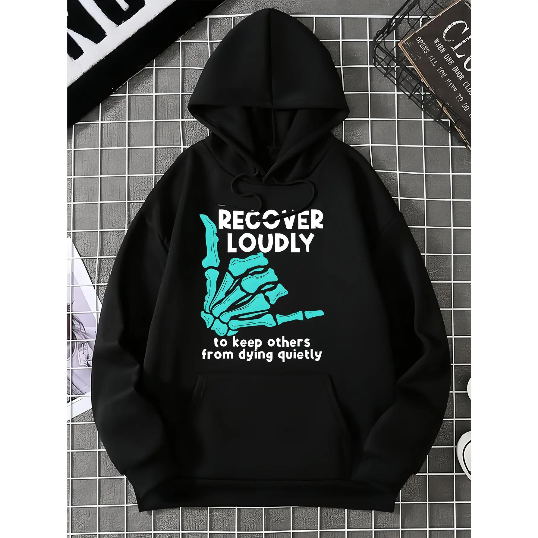 Addiction Recovery Hoodie – "Recover Loudly" Graphic, Mental Health Awareness. Skeleton Hand Print, Kangaroo Pocket. Men’s Casual Streetwear for Winter/Autumn.