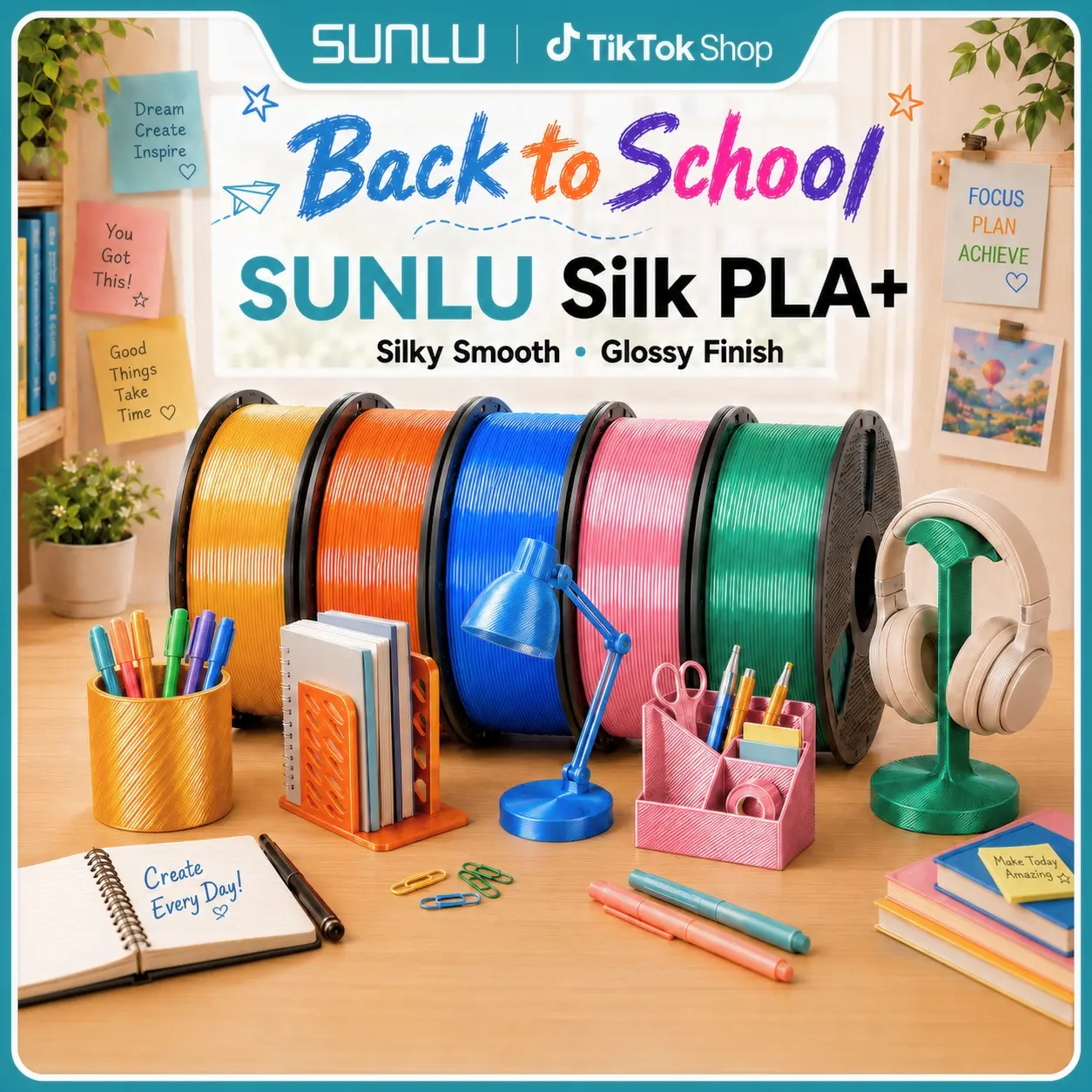 SUNLU 1KG 3D Filament | Silk PLA+ 3D Printer Filament 1.75mm 1KG | Ultra-Glossy Luster & Premium Aesthetics, Beginner-Friendly FDM Filament for DIY Craft Enthusiasts & Art Projects tiktokshopbacktoschool