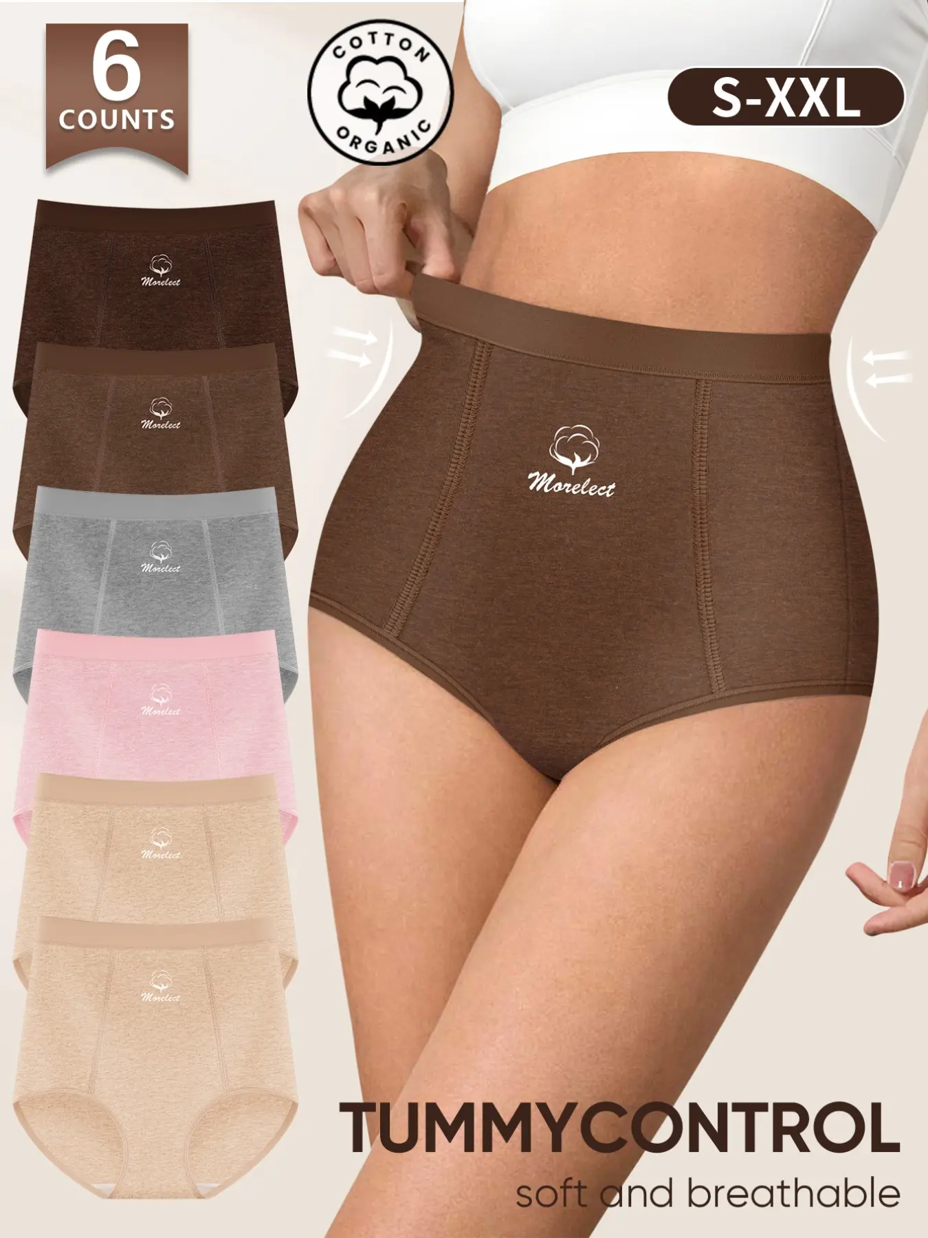 [Soft Cotton] Morelect High Waisted Briefs, 6-Pack, S-Xxl, Breathable, Comfortable, Non-Sweaty, Multi-Color, Casual Underwear, Breathable Fit Panties