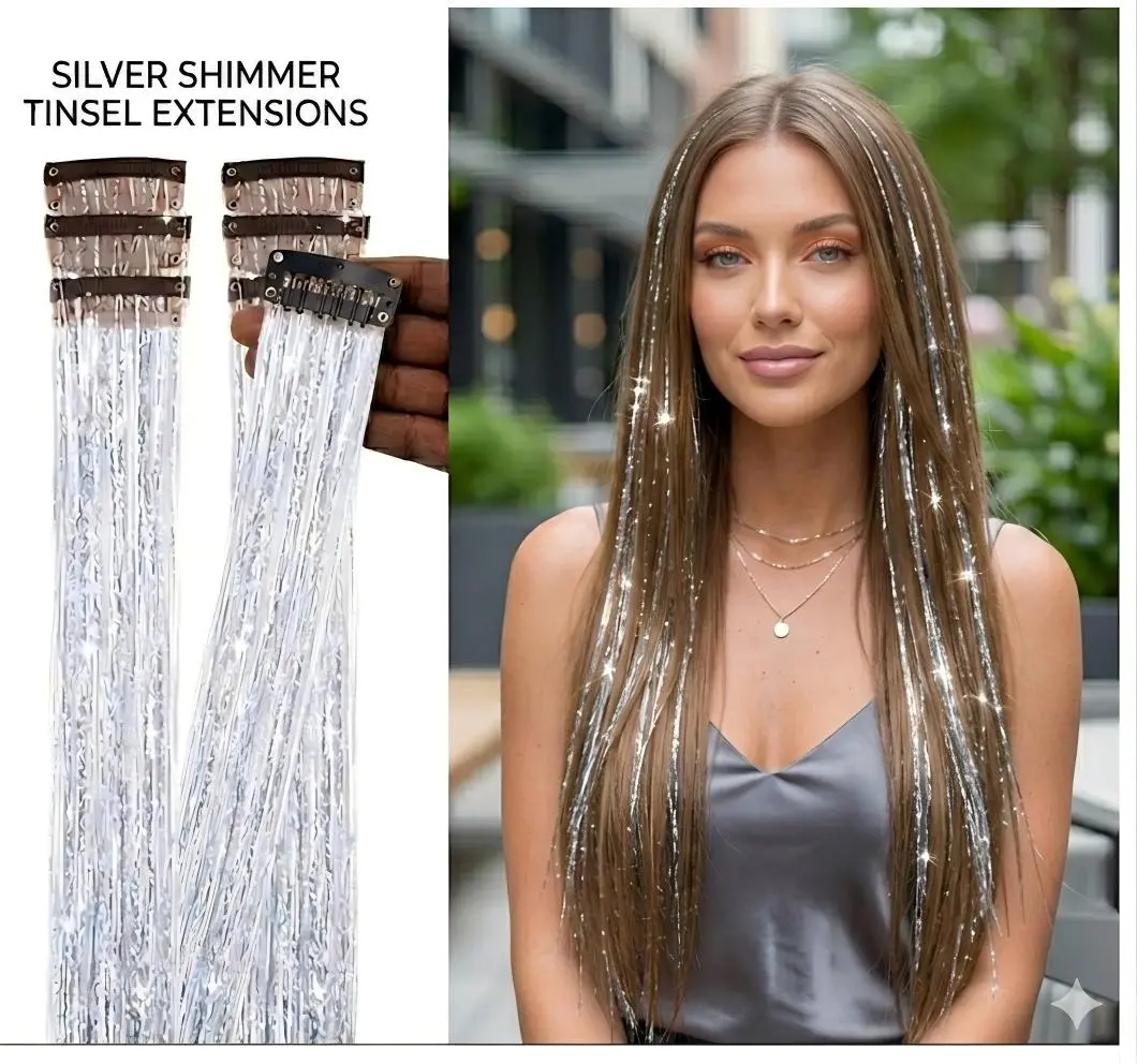 Clip in Hair Tinsel,Glitter Tinsel Hair Extensions 24 Inches, Festival Tinsel Fairy Hair Extension Party Dazzle Hair Accessories Strands Kit for Women Girls Kids|Washable,Hair Dryer Availabie,Combs Avaiiabie,Adjustabie Length|Heat resistant under365°F