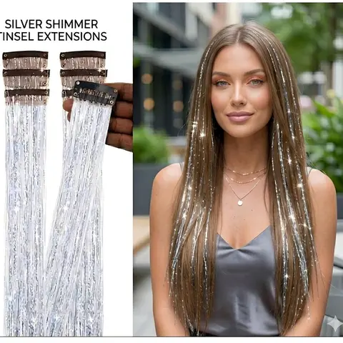 Women's Clip in Hair Extensions Tinsel Kit - 24" Vibrant Natural Straight, 66g, Flatiron Friendly, Heat Resistant Under 365°F, Washable for Easy Upkeep, Adjustable Length, Hair Dryer & Comb Compatible, Tinsel Shine Accessories for Women (Party/Festivals)