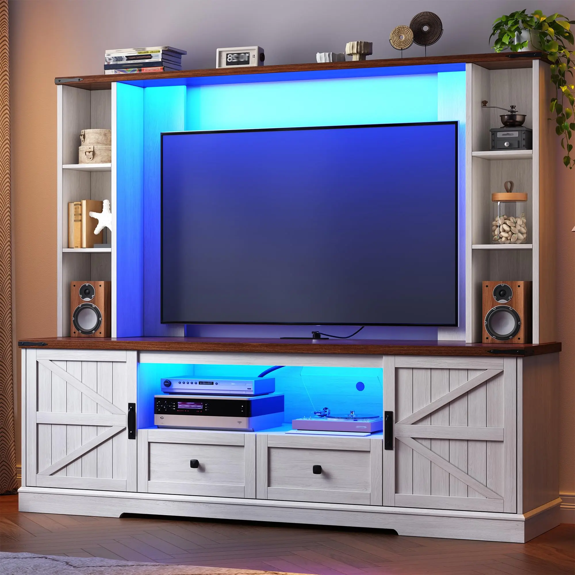 Farmhouse TV Stand with Cabinet & Storage Shelves for 60 Inch Television Stand，Entertainment Center with 2 LED Lights & Power Outlets, TV Stands for Living Room or Bedroom,71”W x 69”H x 15.7”D，Rustic Brown