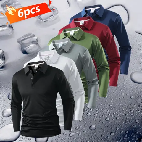 Men's 6-Piece Long-Sleeve Polo Shirt Set Quick-Dry Golf & Tennis Apparel with Color-Block Collar & Cuff Design for Casual & Athletic Wear everyday commute polo  bundle christmas tag