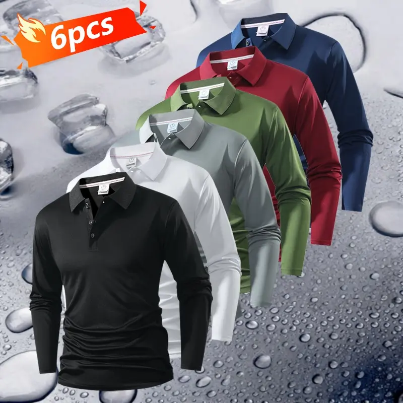 Men's 6-Piece Long-Sleeve Polo Shirt Set Quick-Dry Golf & Tennis Apparel with Color-Block Collar & Cuff Design for Casual & Athletic Wear everyday commute polo  bundle christmas tag