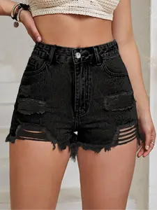 Women's Frayed Hem High Waist Denim Shorts, Fitted Casual Chic Fashion Ripped Shorts for Daily Outdoor Wear, Ladies Bottoms for Spring & Fall, Micro Shorts, Summer