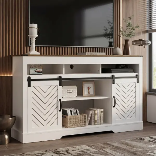 Bellemave Farmhouse Tall TV Stand - 65+ in TV Compatible, Sliding Barn Door, Storage Cabinets, Living Room Bedroom Media Console