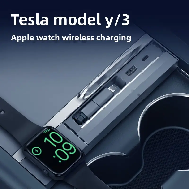 New Tesla 2024-2025Model 3/Y Center Console Expansion Dock，Interior Accessories，for tesla usb hun,docking station with retractable fast charging cable cars  accessories Wireless Mobile Charger Wireless Carplay Dongle