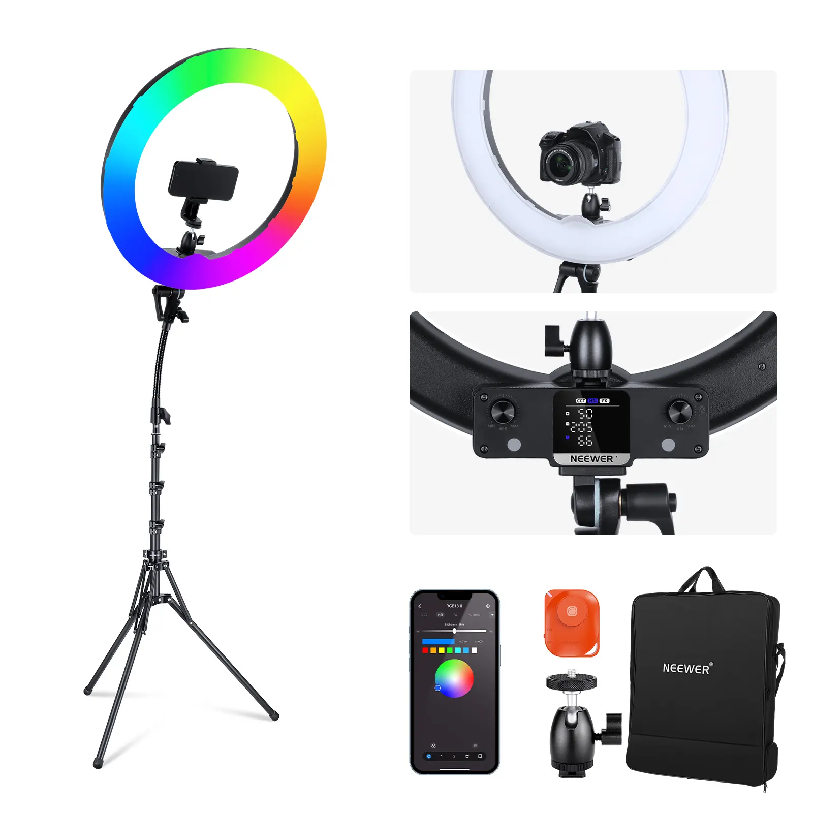 NEEWER RGB18 II 18" RGB LED Ring Light with App Control, 42W Dimmable Video Light with Tripod Stand & Phone Holder for Streaming, Makeup, Selfie & Photography
