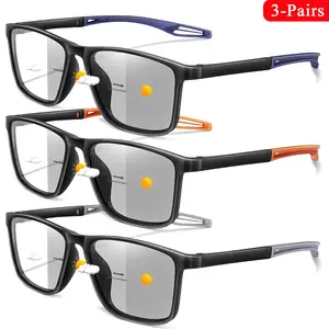 3 Pack Photochromic Reading Glasses, Blue Light Blocking Lenses, Classic Square Frame, Lightweight Soft PC Material, Multi-Pack, Lightweight Durable Glasses