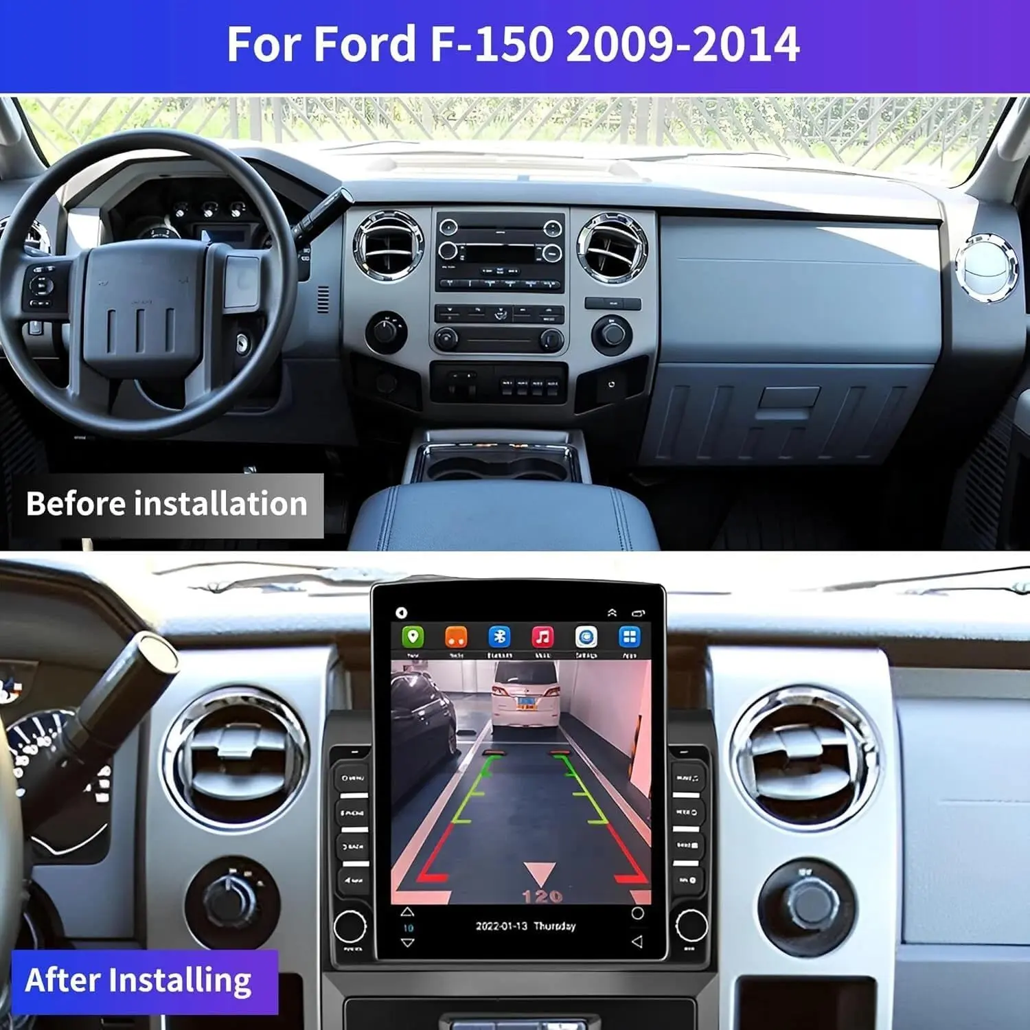 9.7" Double Din Android 13 Wireless CarPlay Touchscreen Car Stereo Radio for Ford F150 2009-2014, Tempered Glass IPS Display, Android Auto, Driving Support, Built-in Wi-Fi, GPS Navigation, 1080p, Bluetooth, Steering Wheel Control