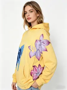 Y2K Floral Oversized Hoodie - Vintage Yellow Graphic Print Cotton Sweatshirt, Artistic Abstract Flower Streetwear Pullover for Women
