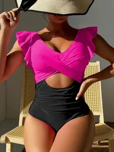 Women's Colorblock Criss Cross Ruched Ruffle Trim One-piece Ruffle Twist Ruffle Hem Swimsuit, Casual V Neck Padded Sleeveless Swimwear for Beach Holiday, Ladies Swimsuit for All Seasons