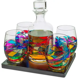 Artisanal Hand-Painted Whiskey & Wine Decanter Set – Barcelona Renaissance Stained Glass Design – Unique Mother's Day Gift for Her, Mom, Wife, or Friend – Multicolor Handcrafted Glassware