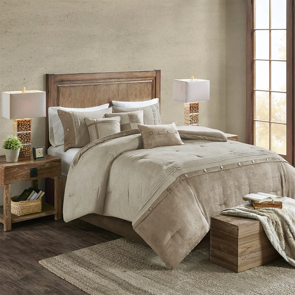 Boone 7-Piece Queen Comforter Set - Faux Suede Hotel Style Bedding Set, All-Season Down Alternative Quilt with Matching Shams, Decorative Pillow