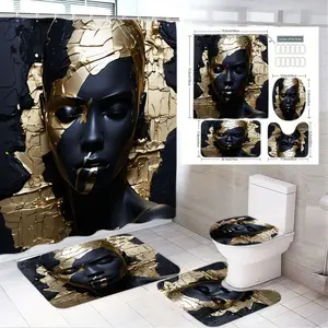 4pcs Luxurious and Gold Bathroom Decor Set, Shower Curtain with Shattered Female Face Design, Matching Bath Mats & Toilet Seat Cover, The floor mat fabric is thicker and softer! Perfect for Stylish Holiday Home Makeover and Chic Bathroom Aesthetics