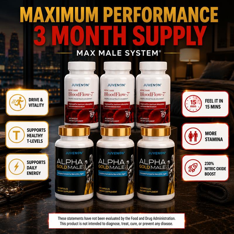 Juvenon Maximum Male System Supplement Stack - 3 Bottles Full-Size Natural Fitness Dietary Supplements (3-Month Supply), BloodFlow-7 Nitric Oxide Booster + Alpha Gold Testosterone Support Capsules with Ashwagandha, Prop 65 Safe, Three Bottles