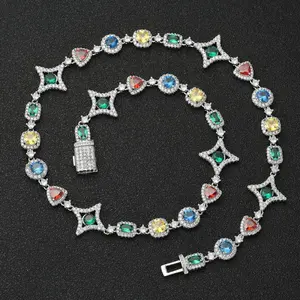 Hip Hop Colorful Gemstone Necklace for Women Jewelry Collarbone Chain Zircon Men's Necklace