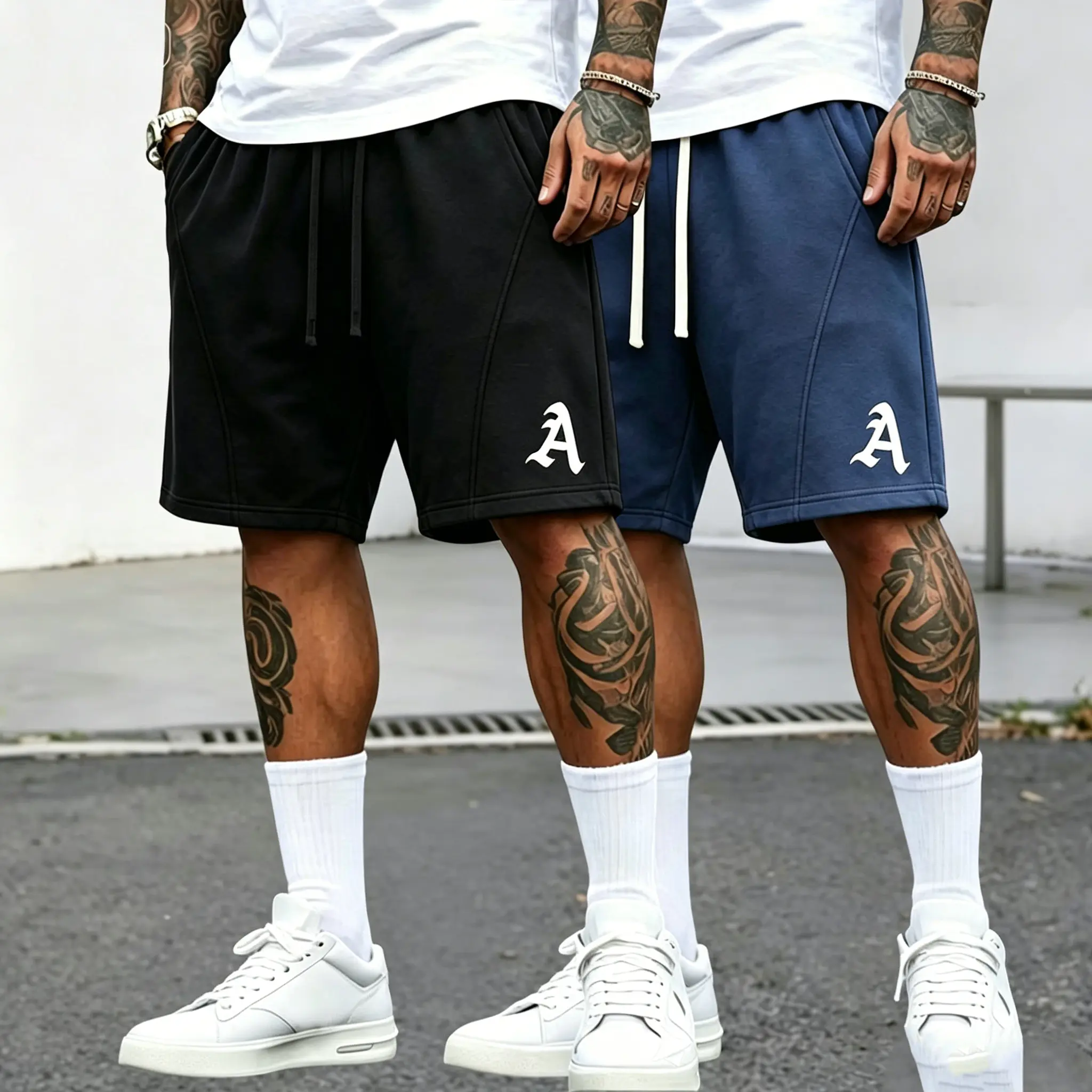 2-pack men’s athletic shorts with “A” letter print; loose knee-length casual sports shorts; soft, breathable cotton drawstring fitness training shorts; retro street-style skateboarding shorts with pockets; summer everyday jogging/training shorts suitable