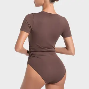 SHECURVE Coffee Minimalist Seamless Round Neck Short Sleeve Bodysuit Casual Crewneck Basic Womenswear Tops for Everyday Wear date night bodysuit Valentine's Day