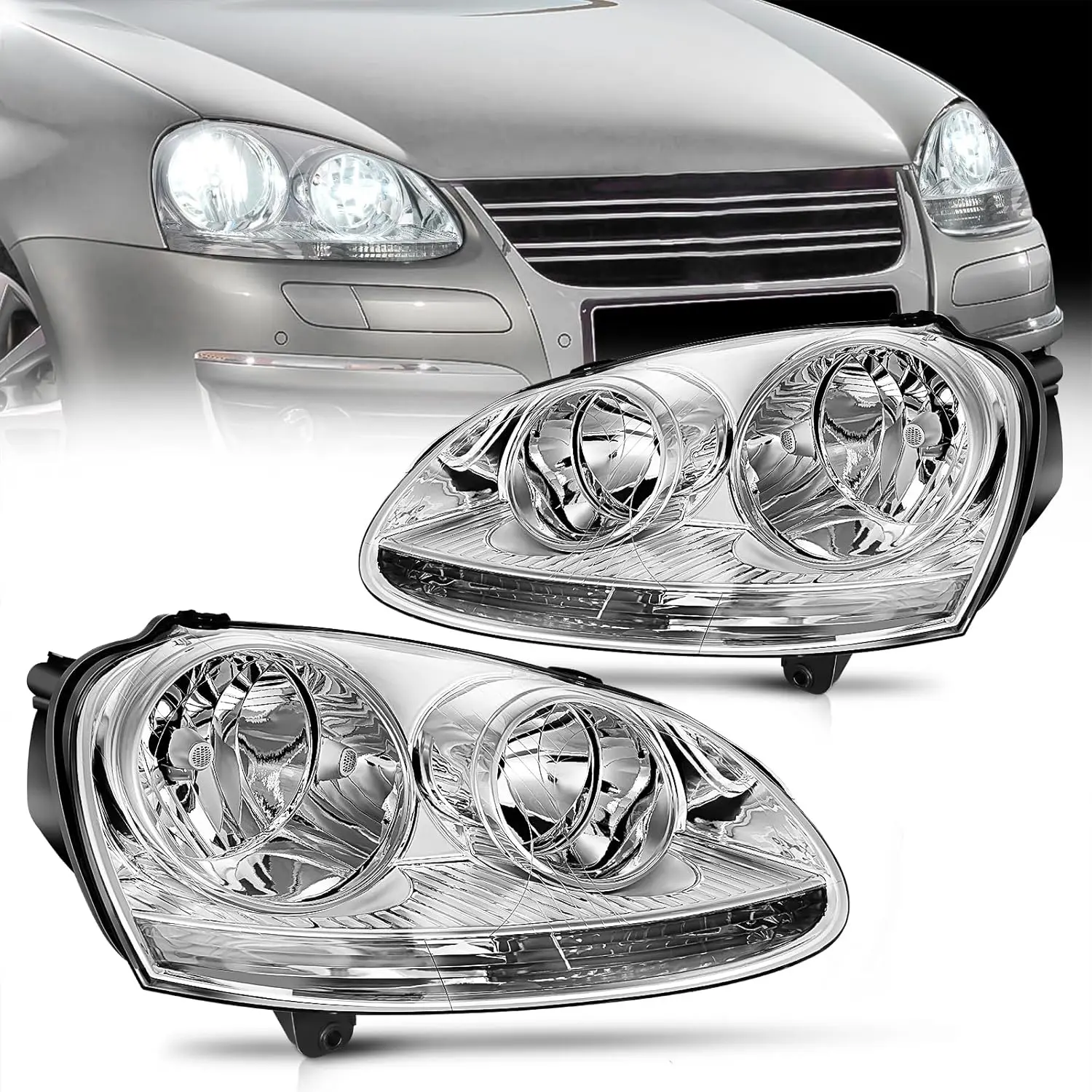 Nilight Chrome Housing Headlight Assembly Pair Set for 2005-2010 VW Jetta, 2006-2009 VW Rabbit GTI - Adjustable, Plug-In, H7 High Beam/H1 Low Beam, Shockproof High-Impact Housing, OE Fitment, Dust-Proof, Car Exterior Upgrade (Driver & Passenger Side), Tem