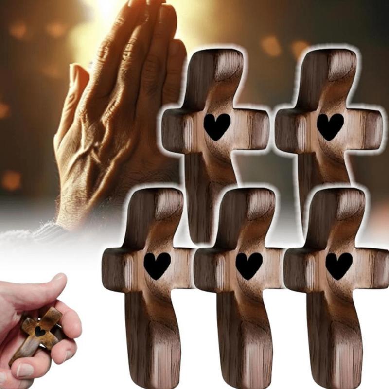 Handmade (3/6/10/20) Pcs Pocket Wooden Cross Fidget | Wooden Cross My Heart - Religious Ornaments Gift for Children and Adults, Rustic Style Decor Pocket Olive Worpo Cross Set for Christian Faith, Baptism, Prayer