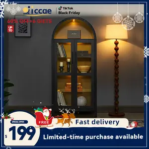 【New Year Special Discount】 Niccae Farmhouse Arched Cabinet with LED Strip, Glass Doors, Wood Display Cabinet, Adjustable Shelves 67" Tall Bookshelf for Living Room, Office