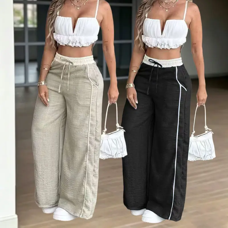 2PCS 100% Polyester Women’s High-Waisted Wide-Leg Pants, Loose Fit, Low-Rise Design, Striped Pattern, Spring & Autumn Season, Casual Everyday Wear, Button(Pre-order)