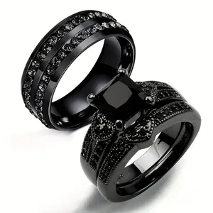 2pcs Women's Fashion Creative Double Row Black Princess Cut Rings, 1pc Men's Stainless Steel Romantic Couple Ring Set