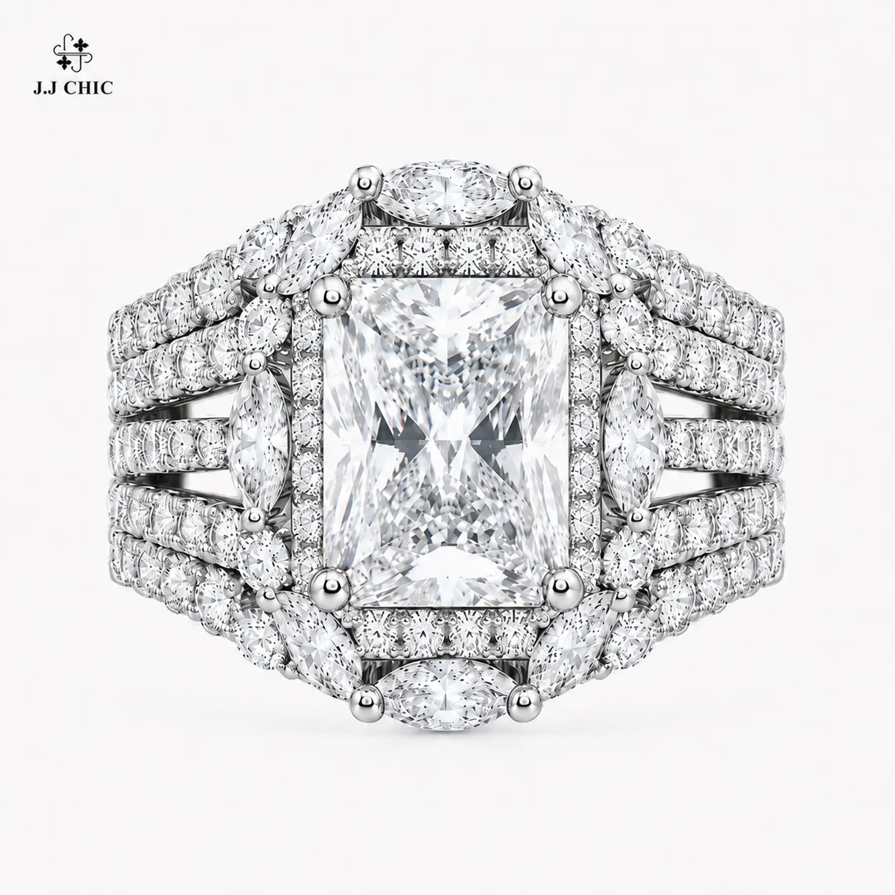 JJ CHIC Five in One Rectangular Radiant Cut Multi-Band Ring for Women, Five-Row Design, Radiant Cut Cluster Halo, Elegant Jewelry for Women Statement Piece, Sparkling Stones Premium