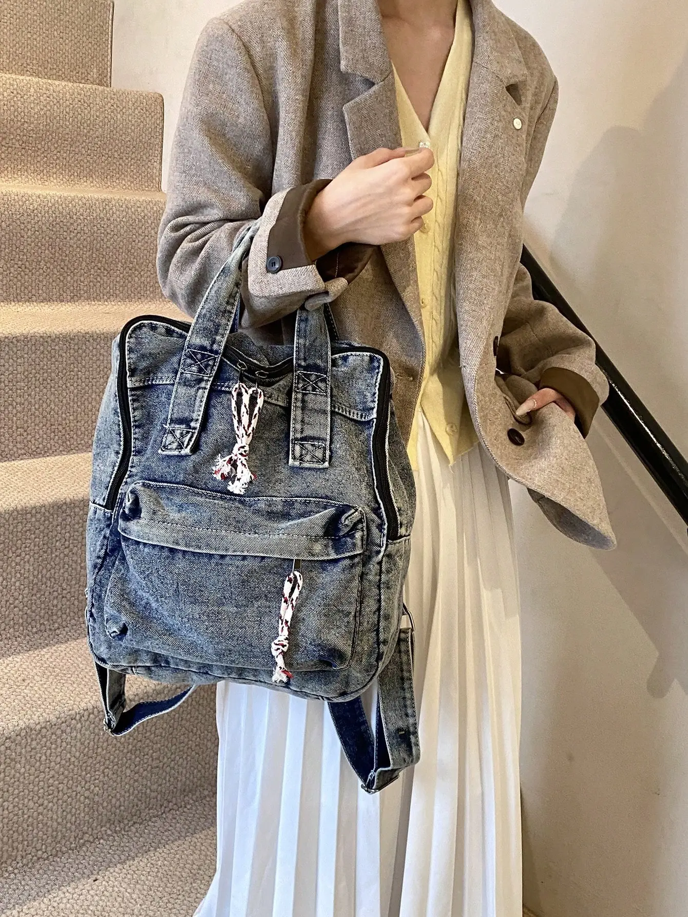 Co., , Fall/Winter Fashion, Vintage Texture, Large-Capacity Denim Backpack, Western Purse For Women
