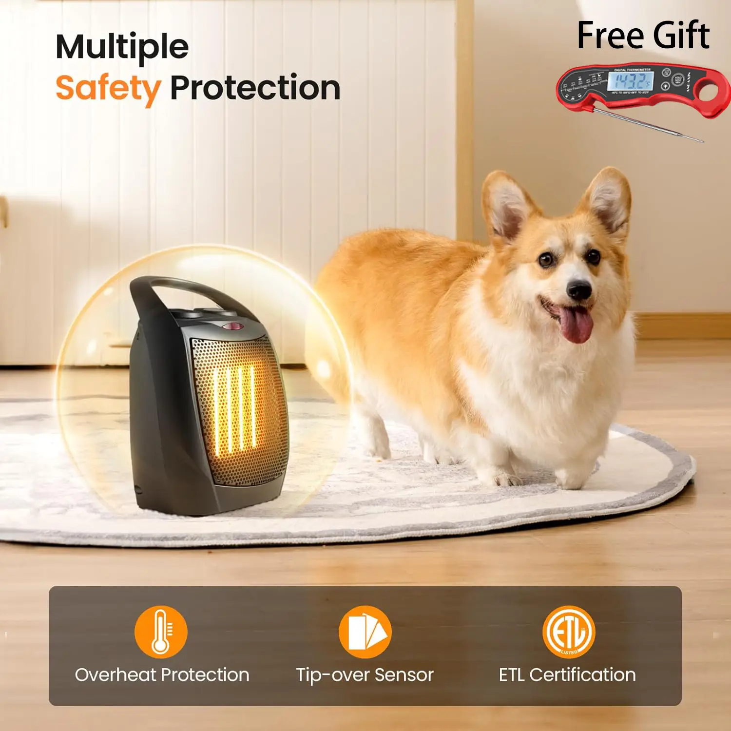 【Winter Essential】Small Space Heater for Indoor Use - 3-in-1 1500W Electric Ceramic Heater, Fan with Adjustable Thermostat - Portable, Quiet, Safe & R