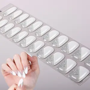 22 tips Gel Nail Full Wraps, White Nail Strips, Long-Lasting Self-Adhesive Oval Full Nail Stickers, Silver glitter Design, Autumn&Winter, Disposable Use, For Nail Art Home Salon, UV Free, Easy to Apply Remove, Superior Quality, Nail Charms