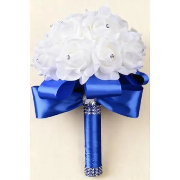 Blue-White Shiny Satin Handmade Craft Artificial Silk Wedding Bouquet Set with Light, Curling Ribbon & Ornaments - Reusable, Waterproof, Durable Home Decor Flowers for Bridesmaids, Ceremony Decoration