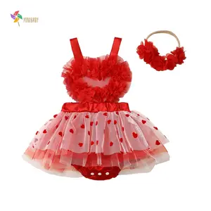 Infant Baby Girl My First Valentines Outfit Sleeveless Halter Romper Mesh Tutu Dress