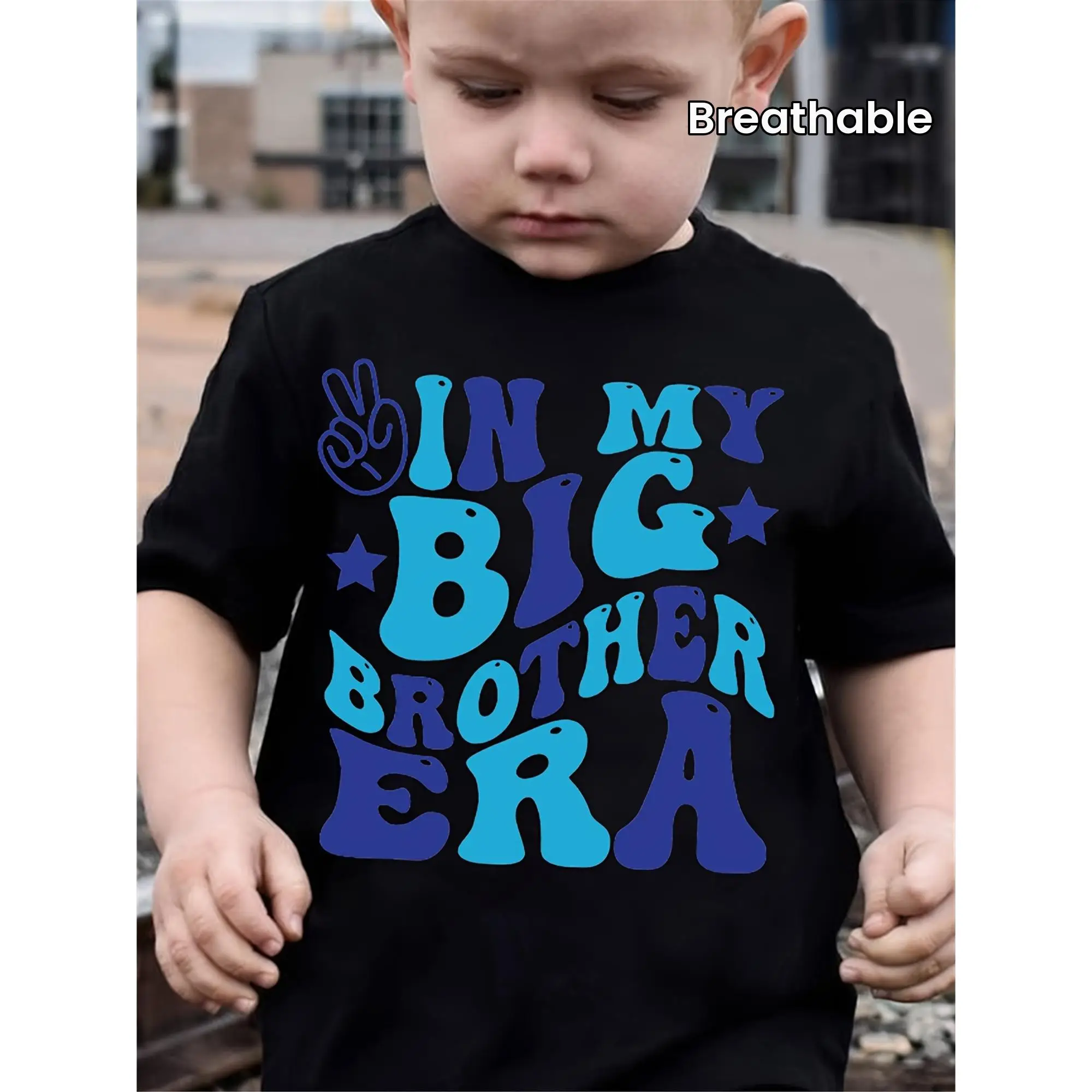 Retro 'In My Big Brother Era' Boys' Black T-Shirt - 100% Cotton, Comfy & Breathable with Colorful Letter Print, Crew Neck, Short Sleeve - Ideal for Sp