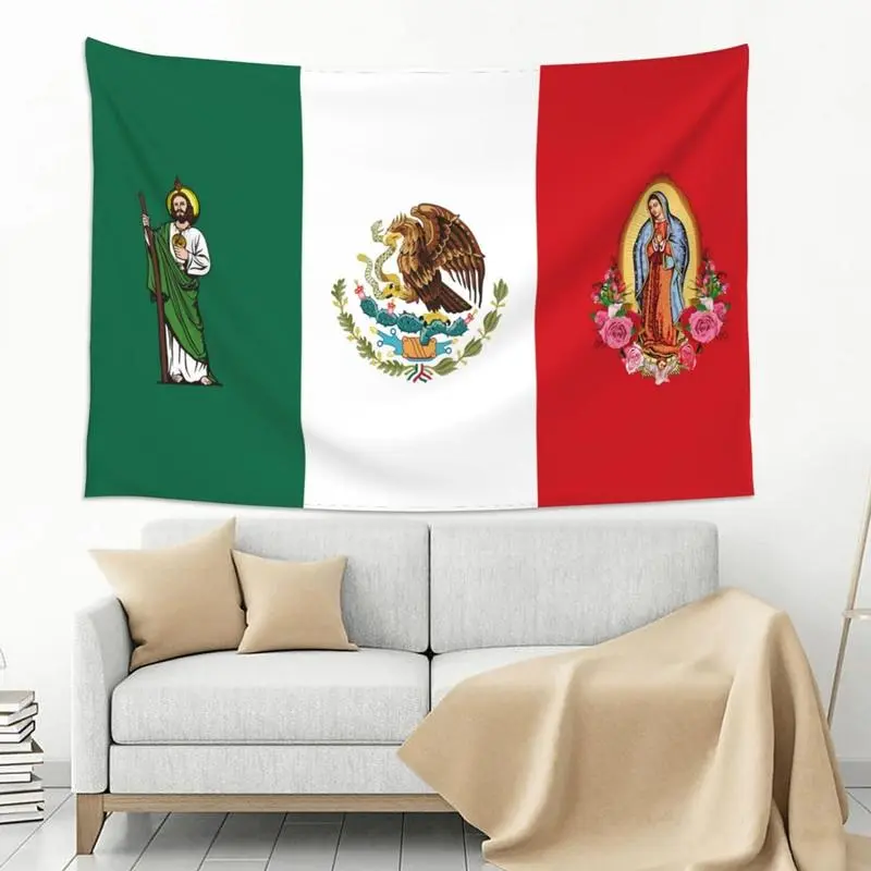 Mexican Flag Tapestry - Decorative Bright Print Cotton-Linen Wall Decor, Multi-Size 60x40in Unit with San Judas Tadeo & Virgen de Guadalupe, Strong Indoor/Outdoor for Beach, Room Settings