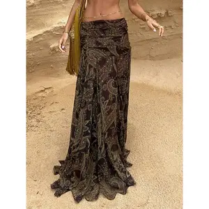 Women’s bohemian retro paisley print brown long skirt, low-rise elastic waist, drapey long A-line silhouette, lightweight summer vacation beach festival multifunctional skirt, BohemianGARMENTARY