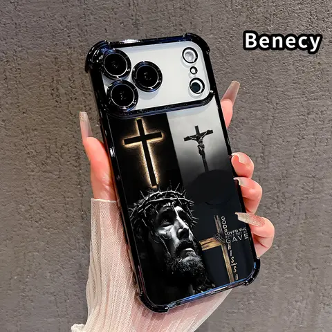 4-Corner Airbag Anti-Collision Electroplated Preppy Divine Sacrifice Faith Pattern Cellphone Case + Screen Protector for iPhone 17 Pro Max,16 Plus,15 Plus,Air,14,13,12,11,E | Handheld Devices Casing, Mobile Phone Protection Accessory
